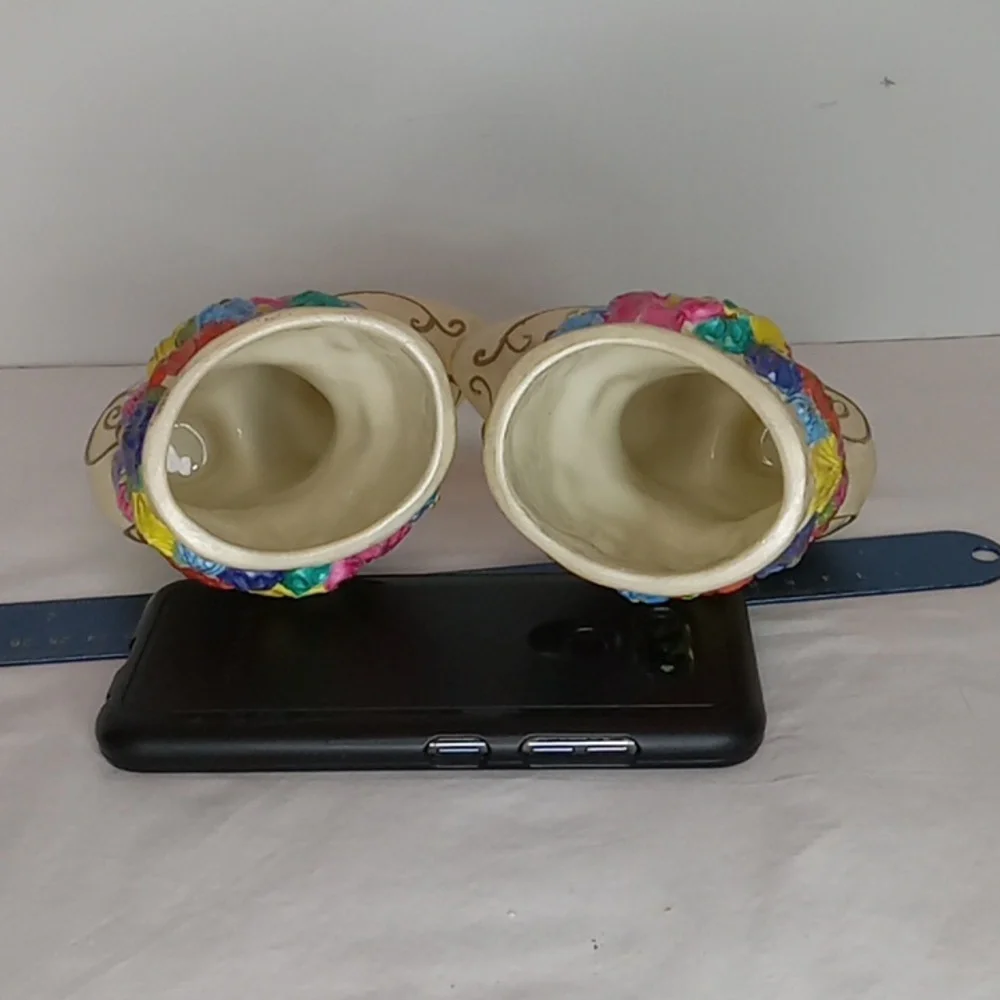 Vintage Pair Ceramic Colorful Floral Embellished Victorian Boot Shaped Vases